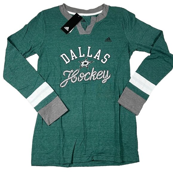 adidas Tops - Adidas Womens S Green Dallas Stars NHL Hockey Long Sleeve Henley Neck Tee‎ NWT